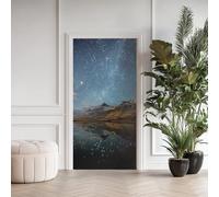 Montagne Enneigée Printemps Effet 3D Sticker Porte, Ciel Étoilé Stickers pour Porte Autocollants Décoration, Réflexion Lac Stickers Muraux Amovible PVC 77x200 cm