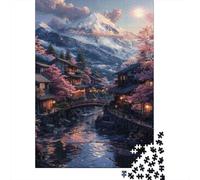 Montagne Enneigée Village Japonais Puzzle 1000 Pièces Papier pour Adultes Sakura Nocturne Jeu de Puzzle 1000 Pièces Détente Maison 52x38cm/1000pcs
