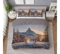 Montagne Neige Reflet Housse de Couette Argenté, 200 X 200 cm Art Parure de Lit, Ensemble de Literie, en Microfibre Lisse, Respirante, Liens d’Angle, Séchage Rapide, Infroissable