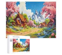 Montagne Puzzles 500 pièces Village des cerisiers en Fleurs Puzzle en Bois,Puzzle Impossible Puzzle pour Adultes pour Couple