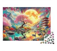 Montagne Rivière Fleurs Puzzle 1000 Pièces Carton Recyclé Adulte Lune Sakura Relaxation Cadeau Anniversaire sans Poussière Facile À Ranger Ajustement 52x38cm/1000pcs