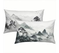 Montagne Taies d'oreiller 45x70 Housse Coussin Lin Lot de 2, Taie Oreiller Gris Housse de Coussin Exterieur Impermeable pour Salon, Lit, Jardin, Douce Respirante avec Fermeture Éclair Invisible S5-509