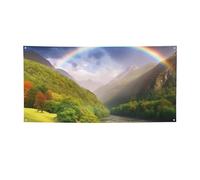 Montagne Valley avec bannière arc-en-ciel imprimée drapeau intérieur ou extérieur bannières et panneaux personnalisés pour photo, arrière-plan pour entreprise, remise de diplôme, mariage, événement