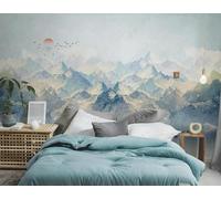 Montagnes Enneigées Lacs Oiseaux En Vol Lever Du Soleil Paysage Papier Peint 3D Installation Facile Intissé Tapisserie Bureau Salon Canapé Chambre Décoration Murale-300cm×210cm