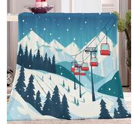 Montagnes Enneigées, Pins, Téléphérique Couverture Plaid Bleu Plaid Polaire 130x150 cm, Couverture et Plaid Canapé Grande Taille en Flanelle Douce et Chaude, Confortable pour Enfants et Adultes
