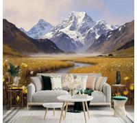 Montagnes Enneigées Rivières Prairies Dorées Fleurs Jaunes Paysages Naturels Papier Peint 3D Décoration Murale Créative D'intérieur Bureau Salon Chambre à Coucher Fond Pour Canapé-150cm×105cm