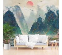 Montagnes et Rivières Paysage Papier Peint Panoramique, Forêt au Coucher du Soleil Papier Peint Salon, Peinture Chinoise à L’Encre Tapisserie Murale Wallpaper 3d Chambre Salle de Bain, 350 x 256 cm