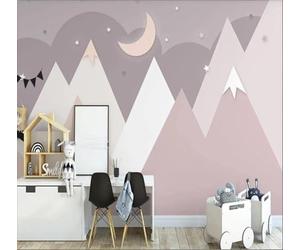 Montagnes Géométriques Abstraites Roses Et Lune Papier Peint 3D Installation Facile Intissé Tapisserie Bureau Salon Canapé Chambre Décoration Murale-300cm×210cm