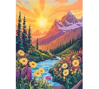 Montagnes lever du soleil Peinture Numero Adulte avec Cadre,Paint by Numbers peinture par numero adulte Fleuve,DIY Peinture Acrylique Numéro d'art avec Pinceaux pour Décoration et Cadeaux(55x70cm)