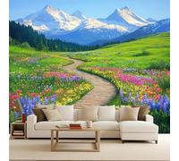Montagnes Papier Peint Photo, Route En Planches De Bois Fleurs Mat image Muraux Poster, épaissi Photo Murale pour Chambre Salon Chambre d'enfants Mur de fond TV Dortoir Décoration Murale 400 x 280 CM