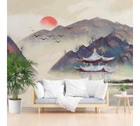 Montagnes Paysage Papier Peint Panoramique, Pavillon au Coucher du Soleil Tapisserie Murales Papier Peint, Peinture Chinoise à L’Encre Wallpaper Intissé Salon Cuisine, Décoration Murale 250 x 175 cm