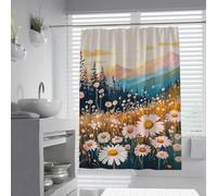 Montagnes Wild Daisies Rideau de Douche Aquarelle Art Rideaux de Bain Paysage Naturel Rideaux de Douche Tissu imperméable Décoration de Salle de Bain 200 x 240 cm