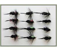 Montana Lot de 12 mouches de pêche à tige courte, vert et rouge, taille 10/12