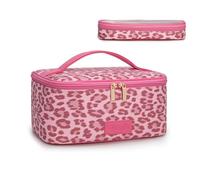 Montana West X Wrangler Lot de 2 grandes trousses de maquillage de voyage avec porte-pinceaux de maquillage, trousse de toilette portable avec séparateur et poignée pour femme, Léopard - Rose, Large