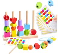 Montessori 2 in 1 Stringing Toys for Kids Beads Thread Shape Match Game Wooden Stacking Blocks Fine Motor Development