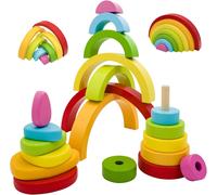 Montessori 3 in 1 Rainbow Stacker Educational Wooden Toys Shape Sorter Stacking Stacking Toys for Babies,Toddlers and Kids 2+,Multicolor