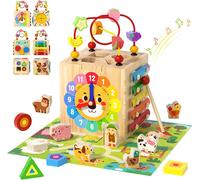 Montessori 7-in-1 Activity Cube Wooden Activity Toy for Babies from 1 Year with Xylophone,Shape Sorter,Clock & Pearl Maze-Birthday Christmas Gift