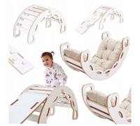 Montessori Arche à Bascule avec Coussin Mur d'Escalade Toboggan pour Enfants 4en1 Misioo Blanc/Beige 90x41x50 cm