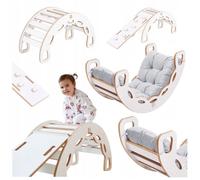 Montessori Arche à Bascule avec Coussin Mur d'Escalade Toboggan pour Enfants 4en1 Misioo Blanc/Gris 90x41x50 cm