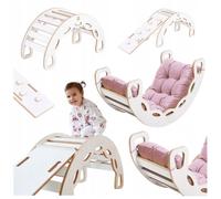 Montessori Arche à Bascule avec Coussin Mur d'Escalade Toboggan pour Enfants 4en1 Misioo Blanc/Rose 90x41x50 cm