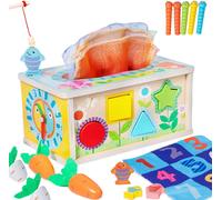 Montessori Baby Toy 1 Year 6 in 1 Activity Children 1 2 3 4 Years with Fishing Game Tissue Box Wooden Games Sensory Educational Game Girl Boy Baby Birthday Christmas Gift