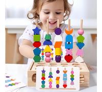 Montessori Games 2 3 4 Years,Children's Toy 2 in 1 Educational Stackable Toy Assorted Shapes Toys,Stringing Beads Wooden Toy Activity and Development,Gift for Boys and Girls
