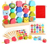 Montessori Games 2 Years Wooden-4 in 1 Educational Toy with Beads Fruit to Thread on,Stacking Blocks and Shape Sorting-Fine Motor Skills-Educational Gift Baby Kid Girl Boy