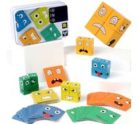 Montessori Interactif Emoji Bloc,Expressions en Bois Matching Block Puzzles,Cubes Face Change Cube Jeu,Cube de Construction Emoji,Cubes de Construction Puzzler Jouets Cadeau pour Les Enfants(Orange)