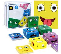 Montessori Interactif Emoji Bloc,Expressions en Bois Matching Block Puzzles,Cubes Face Change Cube Jeu,Cube de Construction Emoji,Cubes de Construction Puzzler Jouets Cadeau pour Les Enfants(Le carré)