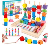 Montessori Jouet,3 en 1 Jouets de Perles de laçage en Bois,Empilable y Enfiler Jouet,Tri Jouets,Développer la Pensée et Les Compétences Pratiques de Votre Enfant.pour Les 2 3 4 5 Ans et Plus