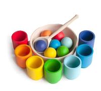 Montessori Jouet à partir de 1 an, jouet empilable en bois, 7 boules de 30 mm,boules en bois arc-en-ciel dans des tasses préscolaire