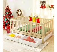 Montessori Lit de sol en bois solide avec espace de rangement - Lit d'enfant sans vacillement avec protection anti-chute et porte - Parc sûr pour bébés et enfants pour jouer et dormir, couleur