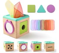 Montessori Motor Toy Wooden Tissue Box,Shape Recognition and Rotating Disc,Montessori Baby Toy,6-12 Months Baby Sensory Toy with Mirror