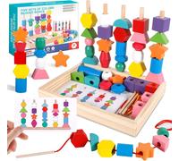 Montessori Toy,3 in 1 Wooden Lacing Beads Toy,Stackable,Sorting Toys,Develop Your Child's Thinking and Practical Skills for 2,3,4,5 Years and Older.
