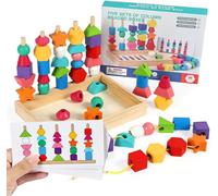 Montessori Toy,3 in 1 Wooden Lacing Beads Toy,Stackable,Sorting Toys,with Storage Box,Preschool Learning Toys from 2,3,4 Years and Above