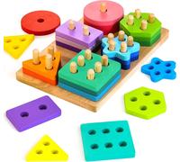 Montessori Toys for Toddlers 1 2 3 Years Old Wooden Stacking Sorting Toy for Baby Boys 24 Geometric Blocks Puzzles Sorting Shapes