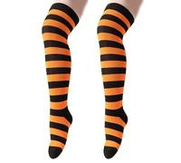 Montesy Chaussettes élastiques au-dessus des genoux rayées pour enfants extensibles et confortables pour les tenues d'école, accessoires de mode d'hiver, confortables pour l'école, Noir/orange1