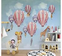 Montgolfière Girafe Éléphant Animaux Dessins Animés Papier Peint 3D Installation Facile Intissé Tapisserie Bureau Salon Canapé Chambre Décoration Murale-250cm×170cm