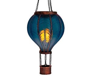 Montgolfière solaire à LED avec effet flamme | Lampion avec 20 lumières blanc chaud | Lanterne de jardin à suspendre | Chaîne en métal incluse | Hauteur totale : environ 40,5 cm (bleu)
