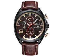 Montre à quartz analogique pour homme avec bracelet en cuir et acier inoxydable étanche Chronographe Date, Noir/doré, Classique
