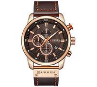 Montre à quartz analogique pour homme avec bracelet en cuir et acier inoxydable - Étanche - Chronographe - Date - Marron foncé, marron foncé, Sports