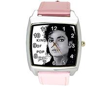 Montre à quartz carré Michael Jackson, avec bracelet rose en cuir véritable et cadran E2