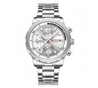 Montre à quartz pour homme d'affaires de luxe avec affichage de la date et du jour en acier inoxydable pour hommes et étudiants, blanc