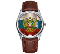 Montre à quartz pour homme - Style décontracté - Étanche - Avec date - Classique - En cuir marron - Bracelet de Noël en agitant le drapeau de la Russie, marron, commercial