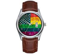 Montre à quartz pour homme - Style décontracté - Étanche - Date - Classique - En cuir marron - Bracelet de Noël rayé - Vintage - Gay Pride - Drapeau arc-en-ciel américain, marron, commercial
