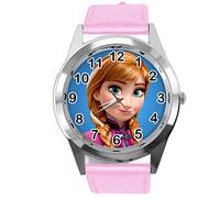 Montre à quartz ronde en cuir rose pour les fans de Princess Anna de Frozen