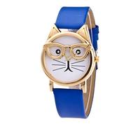 Montre à quartz tendance avec cadran chat avec lunettes pour femme et homme avec bracelet en cuir, bleu, taille unique