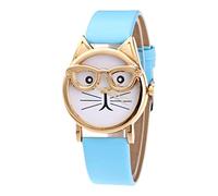 Montre à quartz tendance avec cadran chat avec lunettes pour femme et homme avec bracelet en cuir, bleu ciel, taille unique