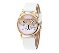 Montre à quartz tendance avec cadran chat avec lunettes pour femme et homme avec bracelet en cuir, blanc, taille unique