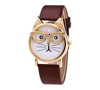 Montre à quartz tendance avec cadran chat avec lunettes pour femme et homme avec bracelet en cuir, marron, taille unique